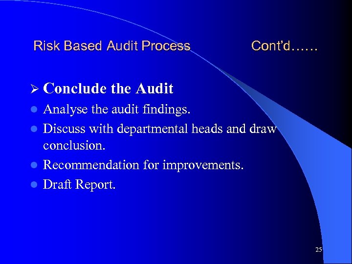 Risk Based Audit Process Ø Conclude Cont’d…… the Audit Analyse the audit findings. l