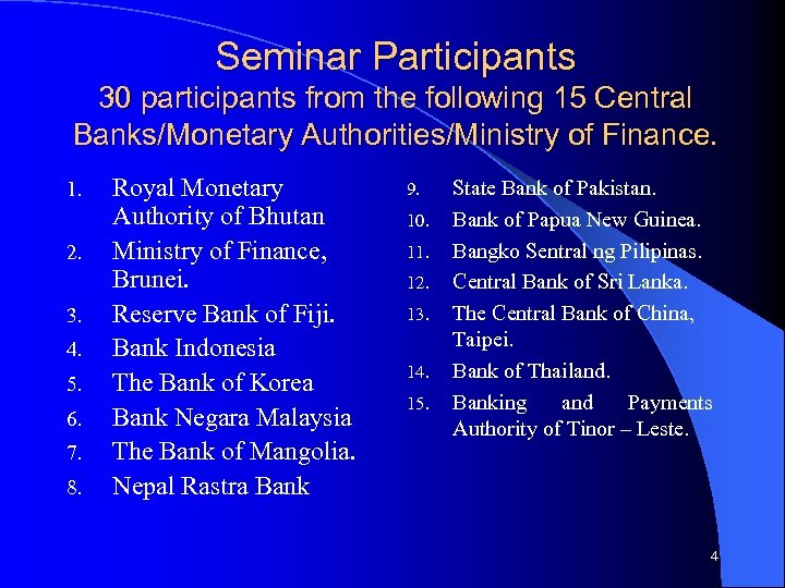 Seminar Participants 30 participants from the following 15 Central Banks/Monetary Authorities/Ministry of Finance. 1.