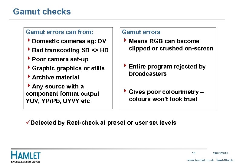 Gamut checks Gamut errors can from: 4 Domestic cameras eg: DV 4 Bad transcoding