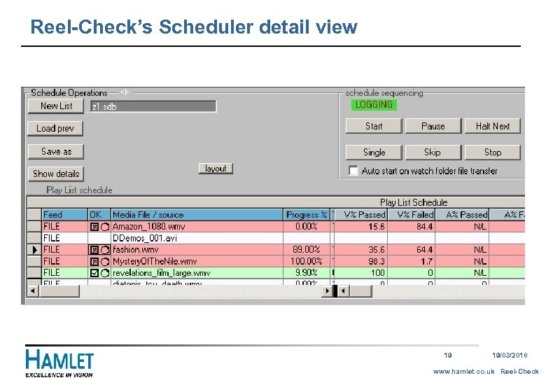 Reel-Check’s Scheduler detail view 19 19/03/2018 www. hamlet. co. uk Reel-Check 