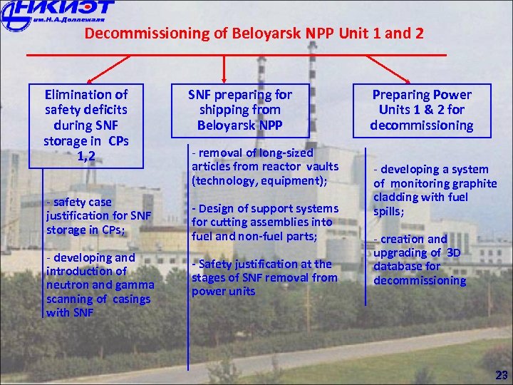 Decommissioning of Beloyarsk NPP Unit 1 and 2 Elimination of safety deficits during SNF