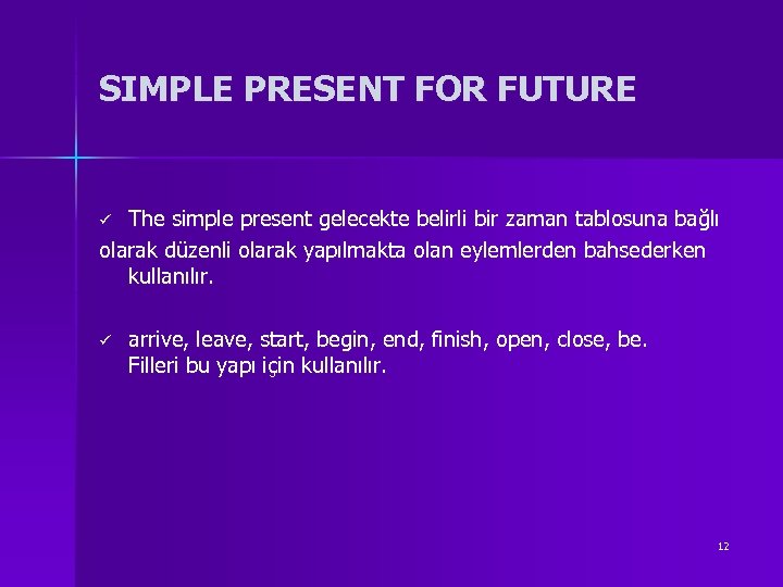 SIMPLE PRESENT FOR FUTURE The simple present gelecekte belirli bir zaman tablosuna bağlı olarak