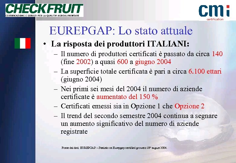 EUREPGAP: Lo stato attuale • La risposta dei produttori ITALIANI: – Il numero di