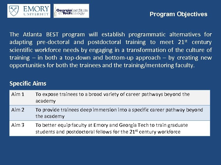 Program Objectives The Atlanta BEST program will establish programmatic alternatives for adapting pre-doctoral and