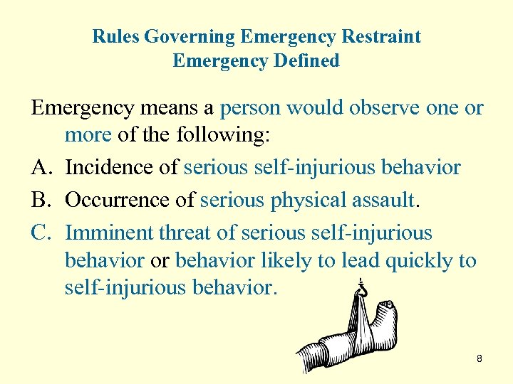 Rules Governing Emergency Restraint Emergency Defined Emergency means a person would observe one or