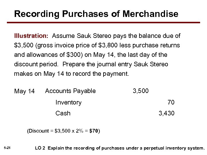 Recording Purchases of Merchandise Illustration: Assume Sauk Stereo pays the balance due of $3,