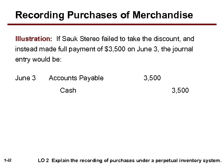 Recording Purchases of Merchandise Illustration: If Sauk Stereo failed to take the discount, and