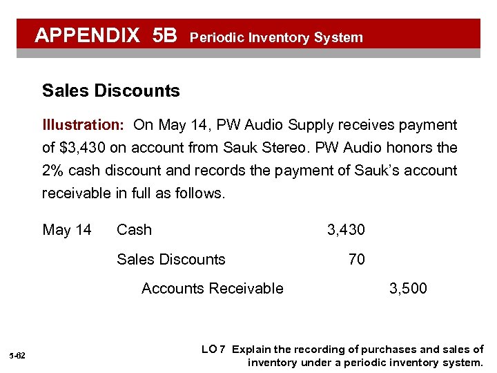 APPENDIX 5 B Periodic Inventory System Sales Discounts Illustration: On May 14, PW Audio