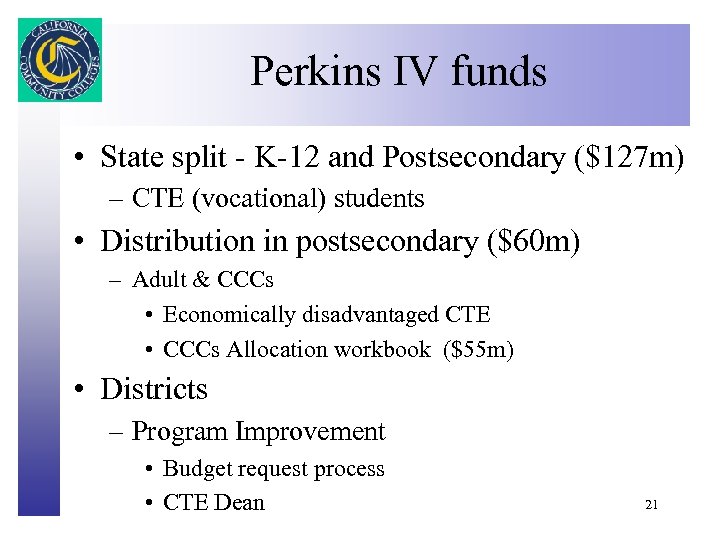 Perkins IV funds Click to edit Master title style • State split - K-12