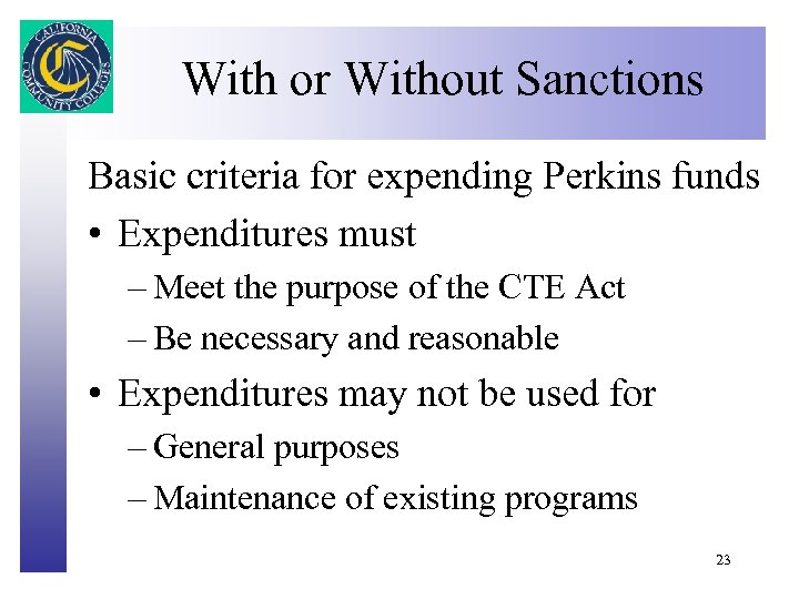 With or Without Sanctions Click to edit Master title style Basic criteria for expending