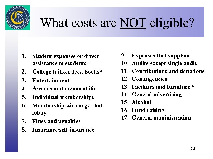 What costs are NOT eligible? Click to edit Master title style 1. 2. 3.