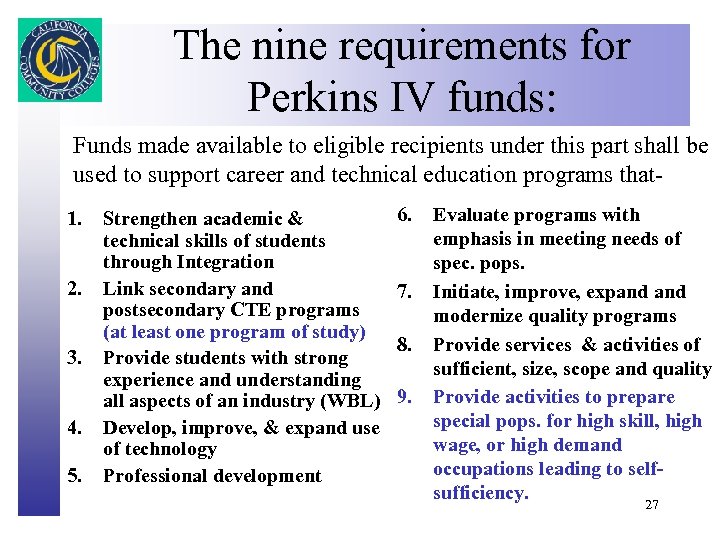 The nine requirements for Click to edit Master title style Perkins IV funds: Funds