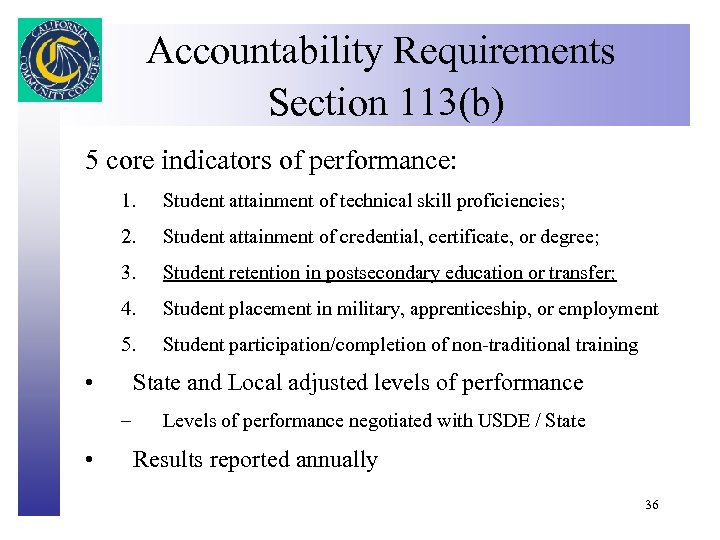 Accountability Requirements Click to edit Master title style Section 113(b) 5 core indicators of
