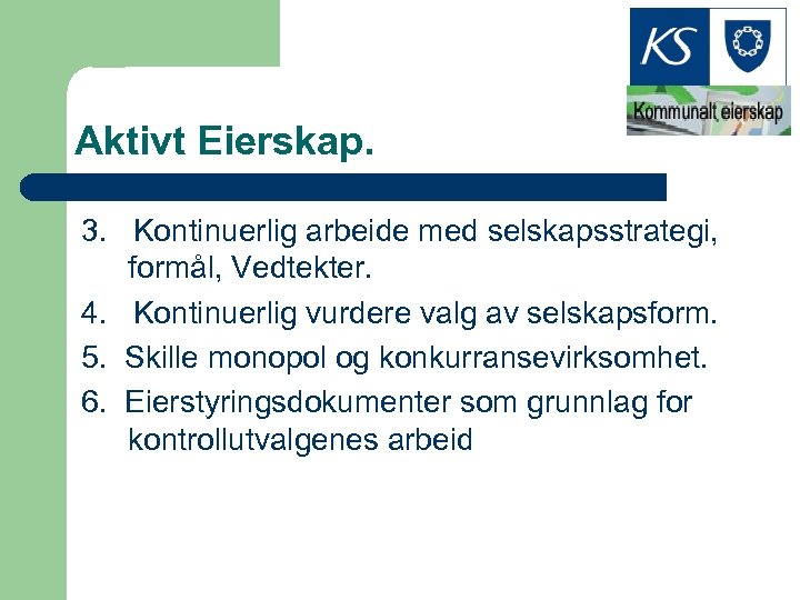 Aktivt Eierskap. 3. Kontinuerlig arbeide med selskapsstrategi, formål, Vedtekter. 4. Kontinuerlig vurdere valg av