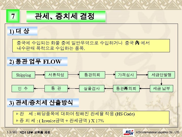 7 관세、 증치세 결정 1) 대 상 중국에 수입되는 화물 중에 일반무역으로 수입하거나 중국
