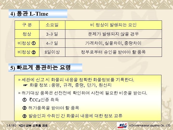 4) 통관 L-Time 구분 소요일 비 정상이 발생되는 요인 정상 2~3 일 문제가 발생되지