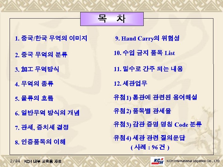 목 차 1. 중국/한국 무역의 이미지 9. Hand Carry의 위험성 2. 중국 무역의 분류