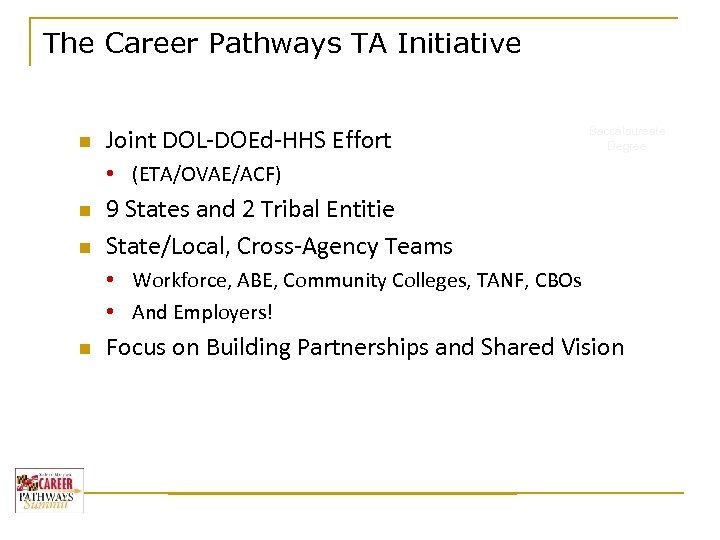 The Career Pathways TA Initiative n Joint DOL-DOEd-HHS Effort Baccalaureate Degree • (ETA/OVAE/ACF) n
