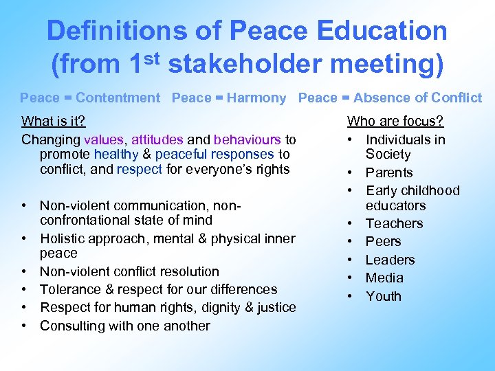 Definitions of Peace Education (from 1 st stakeholder meeting) Peace = Contentment Peace =