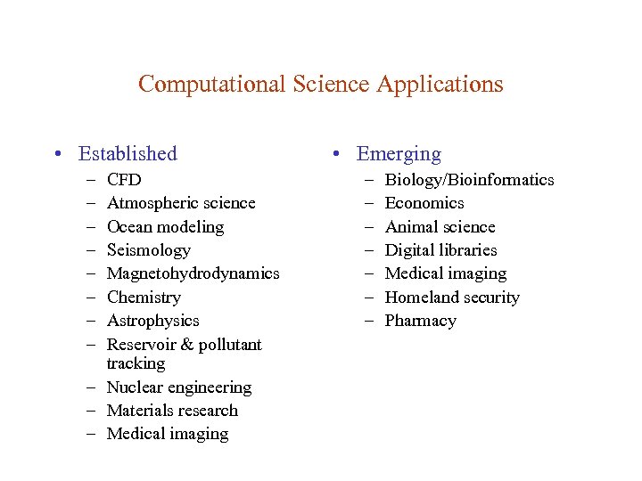 Computational Science Applications • Established – – – – CFD Atmospheric science Ocean modeling