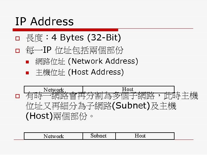 IP Address o o 長度： 4 Bytes (32 -Bit) 每一IP 位址包括兩個部份 n n 網路位址