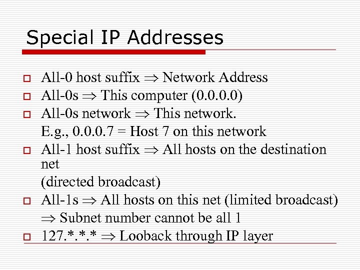 Special IP Addresses o o o All-0 host suffix Þ Network Address All-0 s