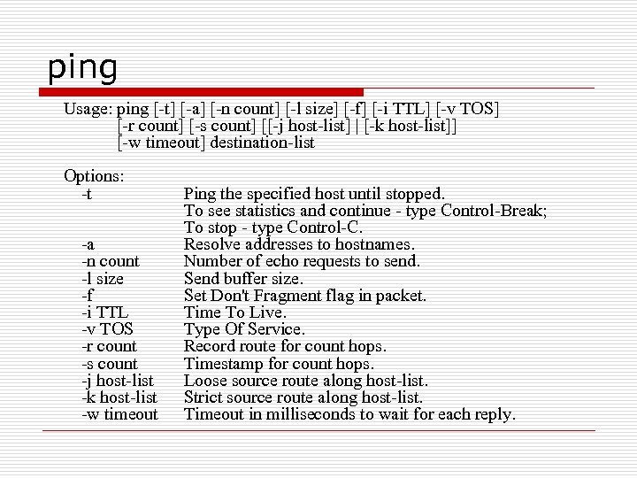 ping Usage: ping [-t] [-a] [-n count] [-l size] [-f] [-i TTL] [-v TOS]