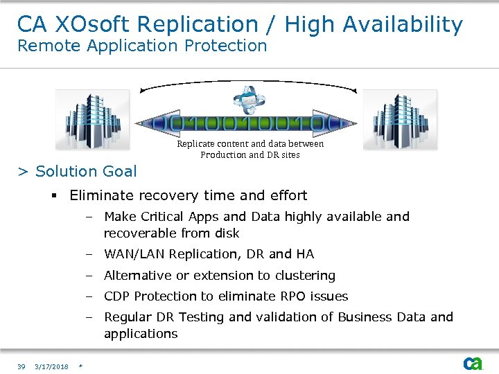 CA XOsoft Replication / High Availability Remote Application Protection Replication & Failover Replicate content