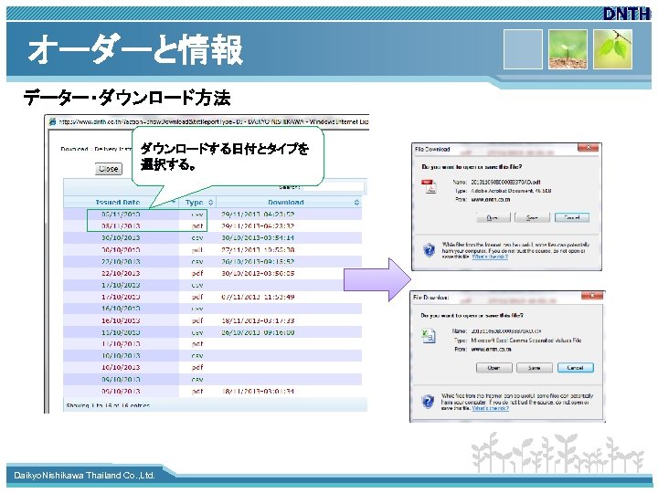 オーダーと情報 データー・ダウンロード方法 ダウンロードする日付とタイプを 選択する。 www. themegallery. com Daikyo. Nishikawa Thailand Co. , Ltd. 