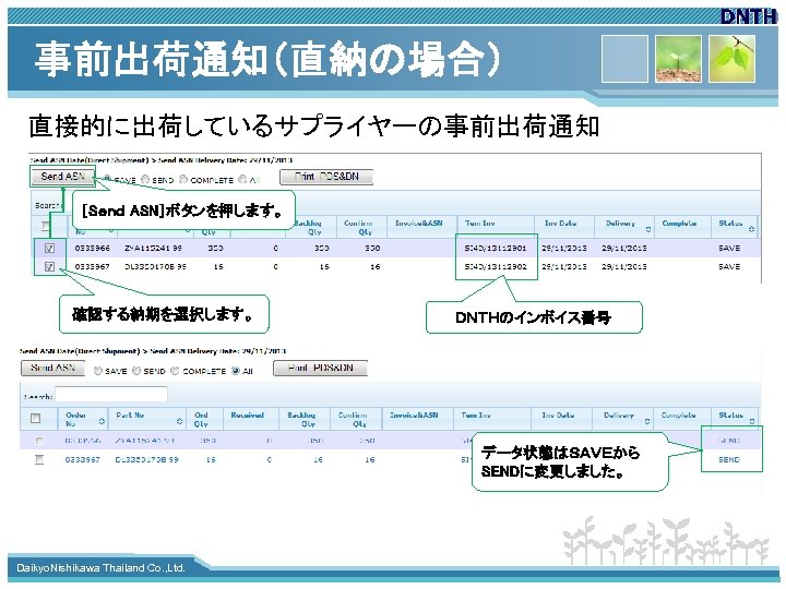 事前出荷通知（直納の場合） 直接的に出荷しているサプライヤーの事前出荷通知 ［Sｅｎｄ ASN］ボタンを押します。 確認する納期を選択します。 ＤＮＴＨのインボイス番号 データ状態はＳＡＶＥから SENDに変更しました。 www. themegallery. com Daikyo. Nishikawa Thailand