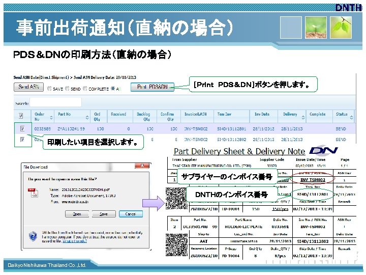 事前出荷通知（直納の場合） ＰＤＳ＆ＤＮの印刷方法（直納の場合） ［Ｐｒｉｎｔ　ＰＤＳ＆ＤＮ］ボタンを押します。 印刷したい項目を選択します。 サプライヤーのインボイス番号 ＤＮＴＨのインボイス番号 www. themegallery. com Daikyo. Nishikawa Thailand Co. ,