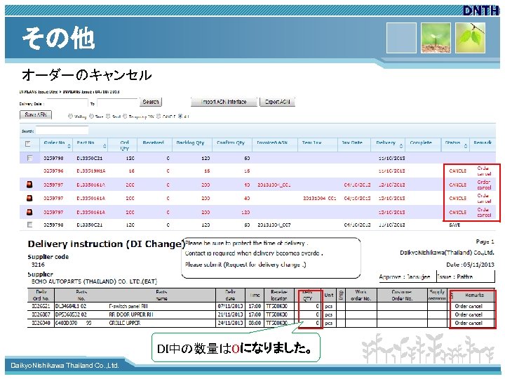 その他 オーダーのキャンセル DI中の数量は０になりました。 www. themegallery. com Daikyo. Nishikawa Thailand Co. , Ltd. 
