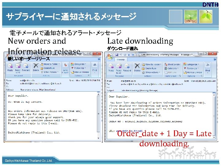 サプライヤーに通知されるメッセージ 電子メールで通知されるアラート・メッセージ New orders and Information release. Late downloading ダウンロード遅れ 新しいオーダーリリース Order_date + 1