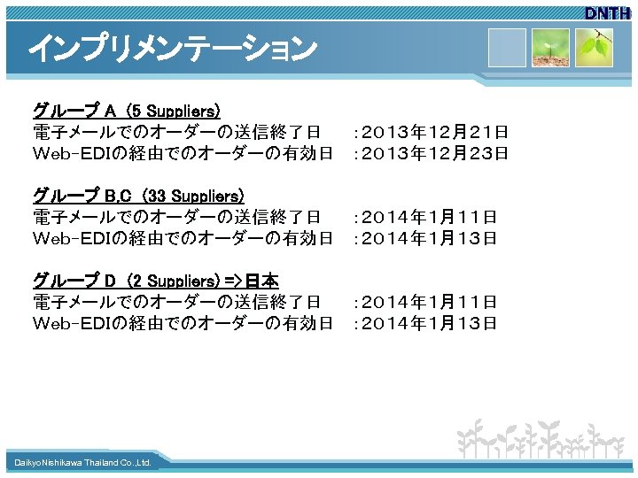 インプリメンテーション グループ A (5 Suppliers) 電子メールでのオーダーの送信終了日 ：２０１３年１２月２１日 Ｗｅｂ-ＥＤＩの経由でのオーダーの有効日 ：２０１３年１２月２３日 グループ B, C (33 Suppliers)