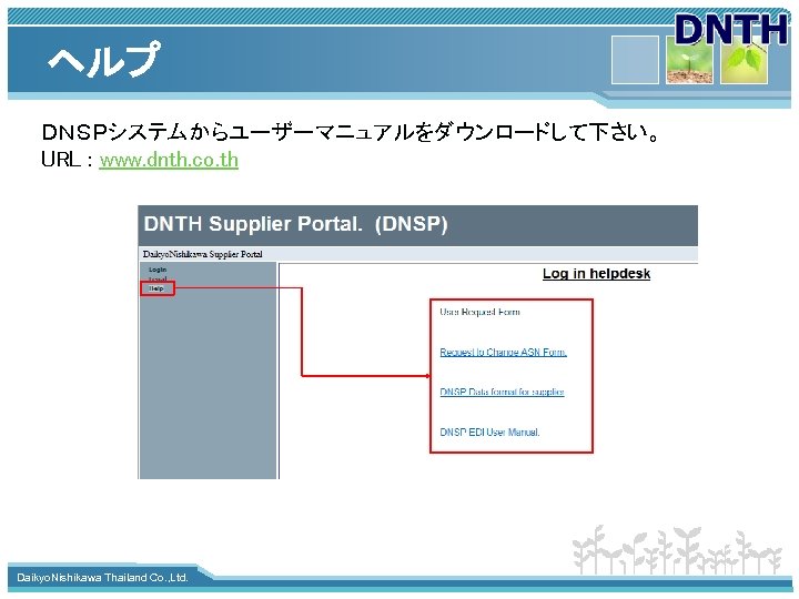 ヘルプ ＤＮＳＰシステムからユーザーマニュアルをダウンロードして下さい。 URL : www. dnth. co. th www. themegallery. com Daikyo. Nishikawa Thailand
