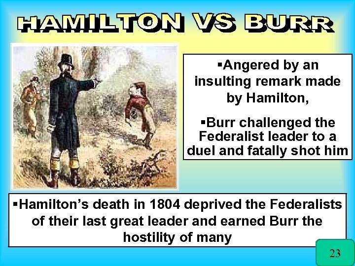 §Angered by an insulting remark made by Hamilton, §Burr challenged the Federalist leader to