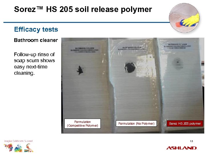 Sorez™ HS 205 soil release polymer Efficacy tests Bathroom cleaner Follow-up rinse of soap