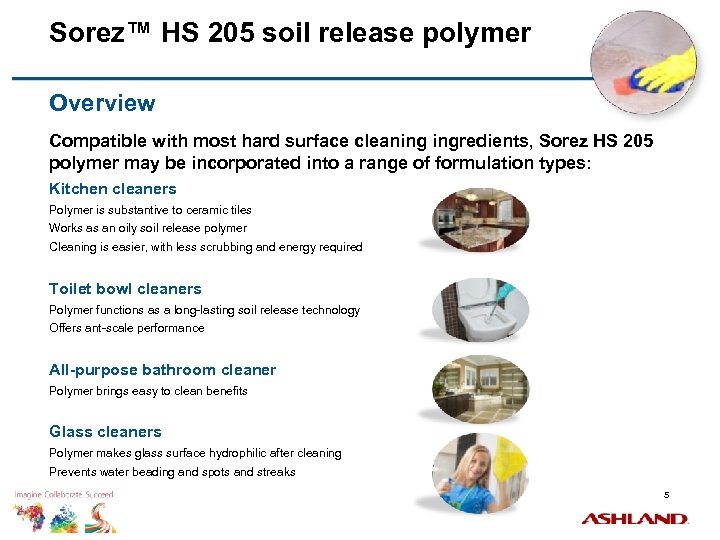 Sorez™ HS 205 soil release polymer Overview Compatible with most hard surface cleaning ingredients,