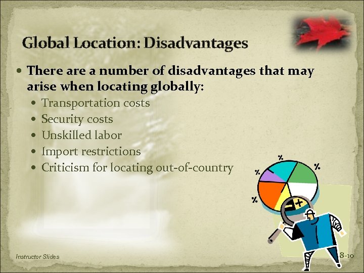 Global Location: Disadvantages There a number of disadvantages that may arise when locating globally: