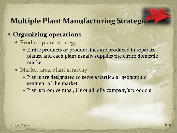 Multiple Plant Manufacturing Strategies Organizing operations Product plant strategy Entire products or product lines