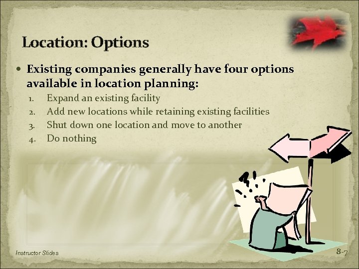 Location: Options Existing companies generally have four options available in location planning: 1. 2.