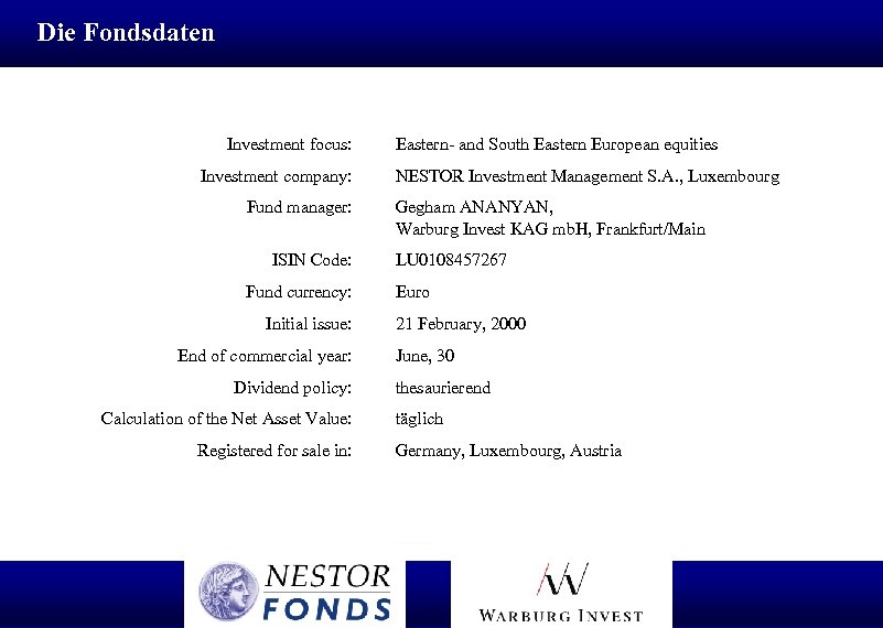 Die Fondsdaten Investment focus: Investment company: Fund manager: x ISIN Code: Fund currency: Initial