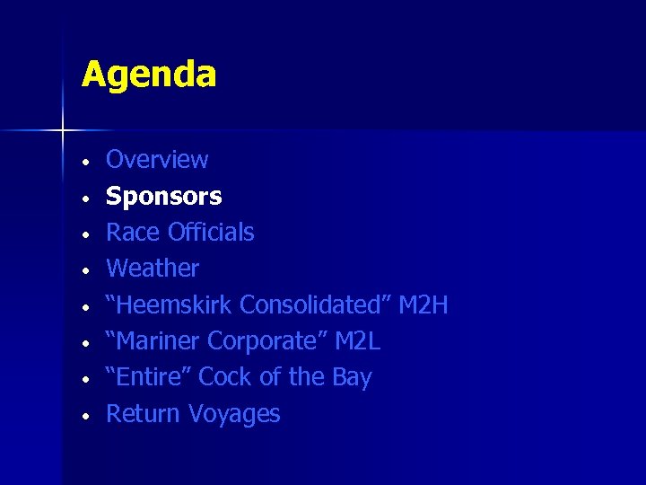 Agenda • • Overview Sponsors Race Officials Weather “Heemskirk Consolidated” M 2 H “Mariner