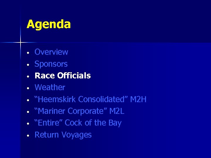 Agenda • • Overview Sponsors Race Officials Weather “Heemskirk Consolidated” M 2 H “Mariner