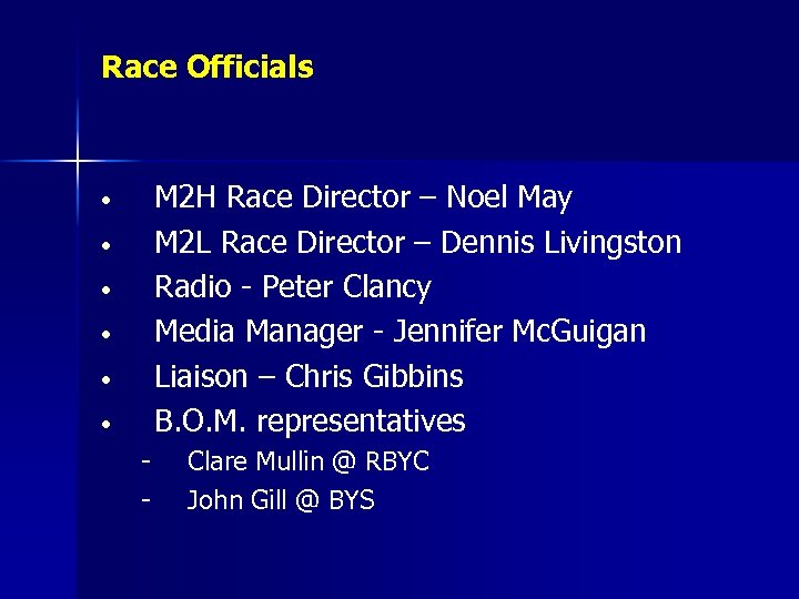 Race Officials M 2 H Race Director – Noel May M 2 L Race