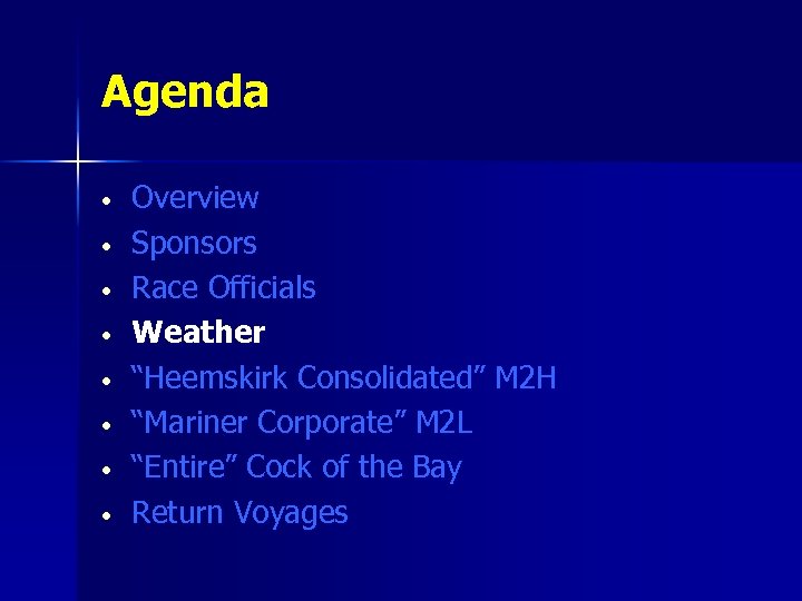 Agenda • • Overview Sponsors Race Officials Weather “Heemskirk Consolidated” M 2 H “Mariner