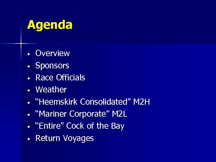 Agenda • • Overview Sponsors Race Officials Weather “Heemskirk Consolidated” M 2 H “Mariner