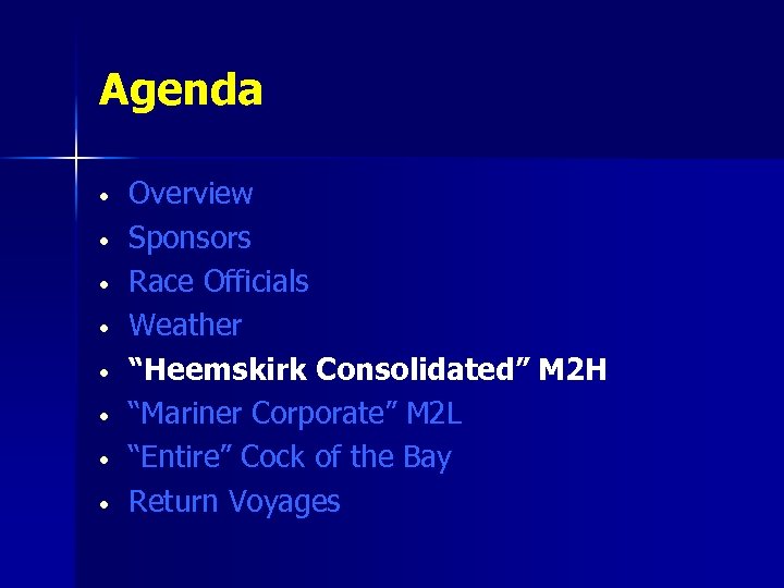 Agenda • • Overview Sponsors Race Officials Weather “Heemskirk Consolidated” M 2 H “Mariner