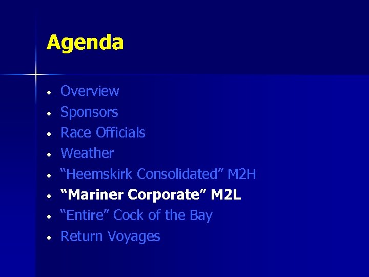 Agenda • • Overview Sponsors Race Officials Weather “Heemskirk Consolidated” M 2 H “Mariner