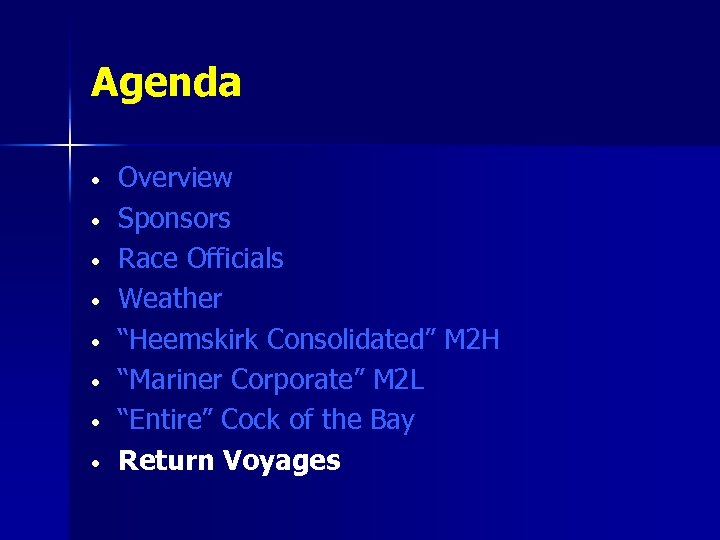 Agenda • • Overview Sponsors Race Officials Weather “Heemskirk Consolidated” M 2 H “Mariner